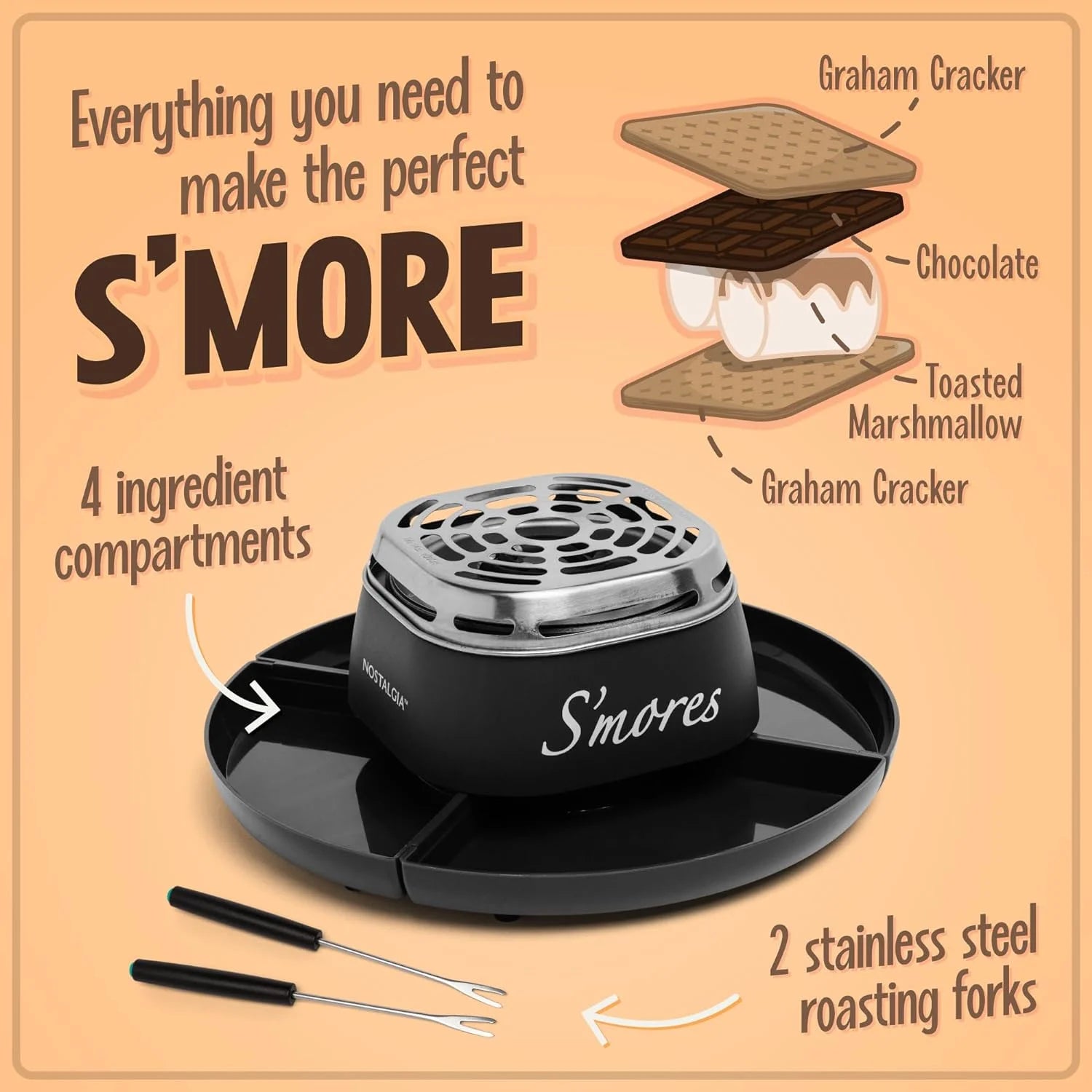 Indoor Smores Maker Smores Kit, Electric Smore Maker with 2 Marshmallows Roasting Forks, Brown
